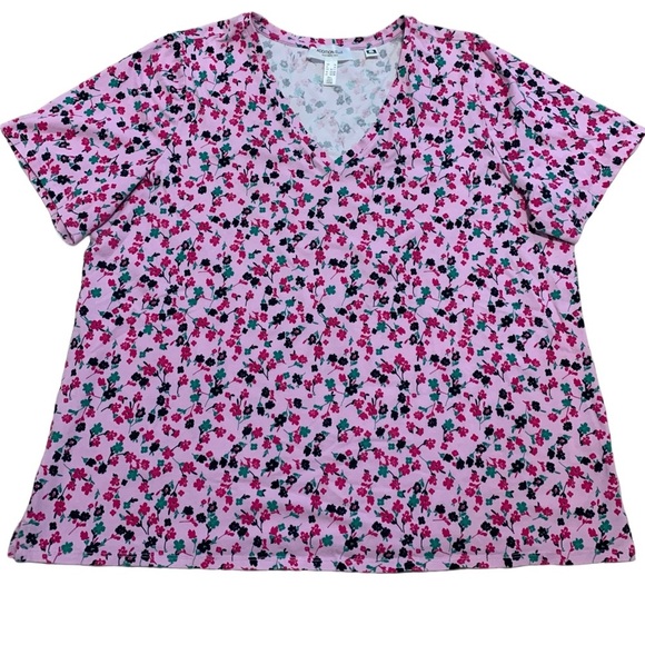 Addition Elle Pink Floral V-Neck T-Shirt - Size 2X Plus Size - Picture 1 of 5